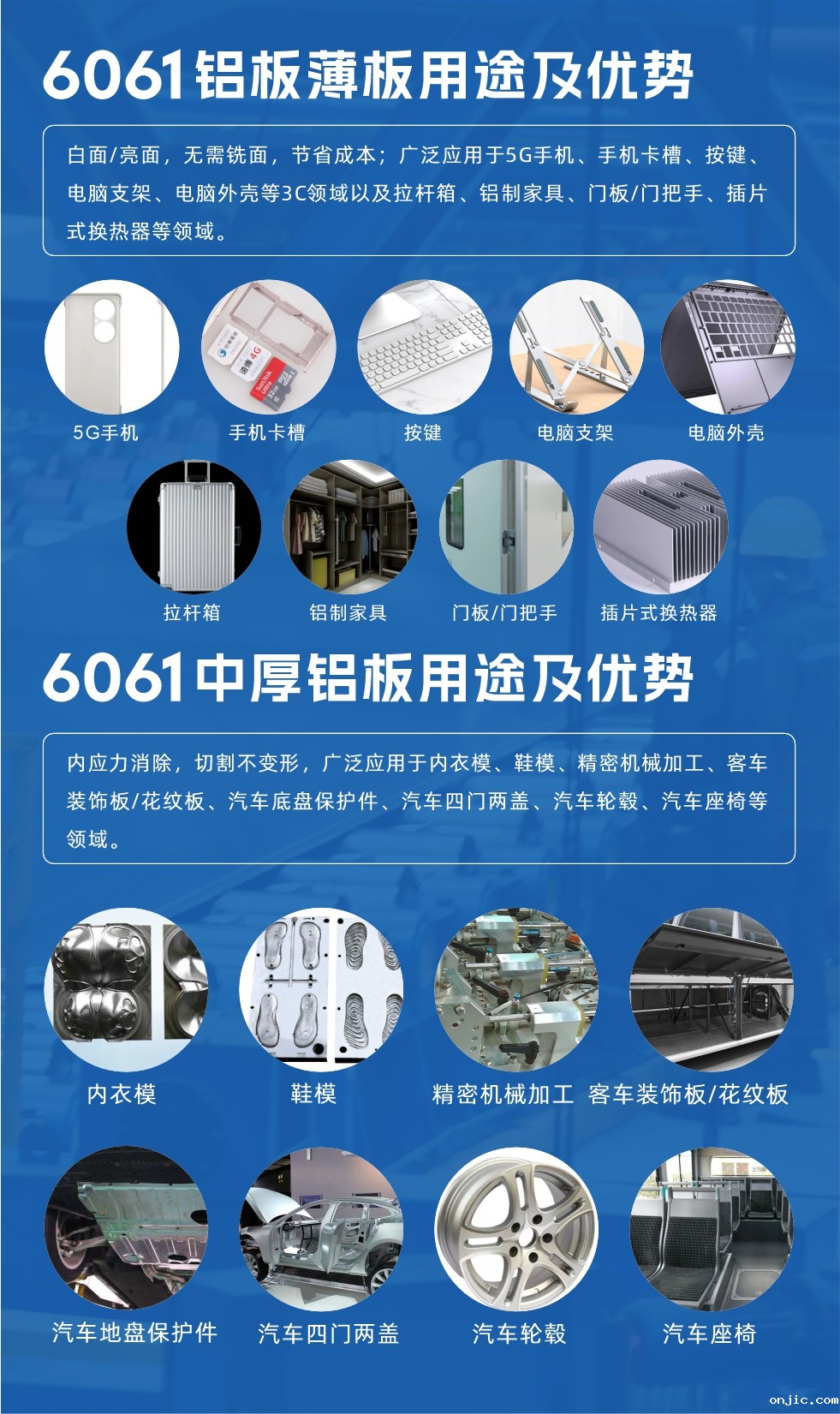 6061铝板薄板用途及优势:白面/亮面,无需铣面,节省成本;广泛应用于5G手机、手机卡槽、按键、电脑支架、电脑外壳等3C领域以及拉杆箱、铝制家具、门板/门把手、插片式换热器等领域。
6061中厚铝板用途及优势:内应力消除,切割不变形,广泛应用于内衣模、鞋模、精密机械加工、客车装饰板/花纹板、汽车底盘保护件、汽车四门两盖、汽车轮毂、汽车座椅等领域。