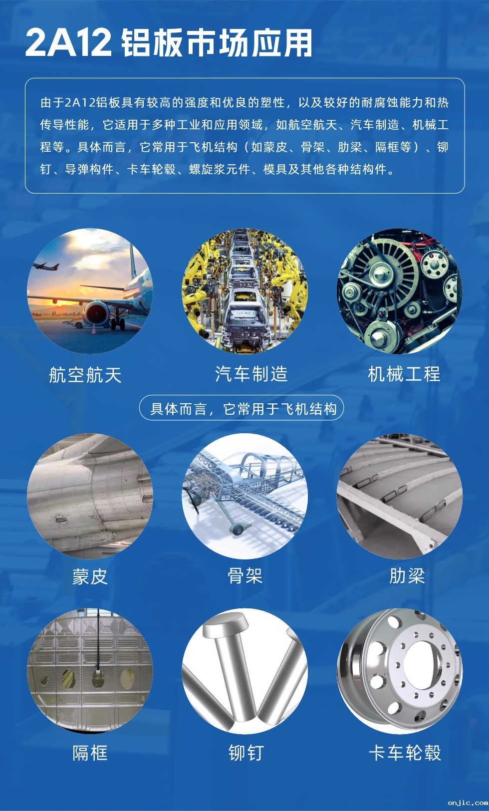 2A12铝板产品用途
由于2A12铝板具有较高的强度和优良的塑性,以及较好的耐腐蚀能力和热传导性能,它适用于多种工业和应用领域,如航空航天、汽车制造、机械工程等。具体而言,它常用于飞机结构(如蒙皮、骨架、肋梁、隔框等)、铆钉、导弹构件、卡车轮毂、螺旋浆元件、模具及其他各种结构件。