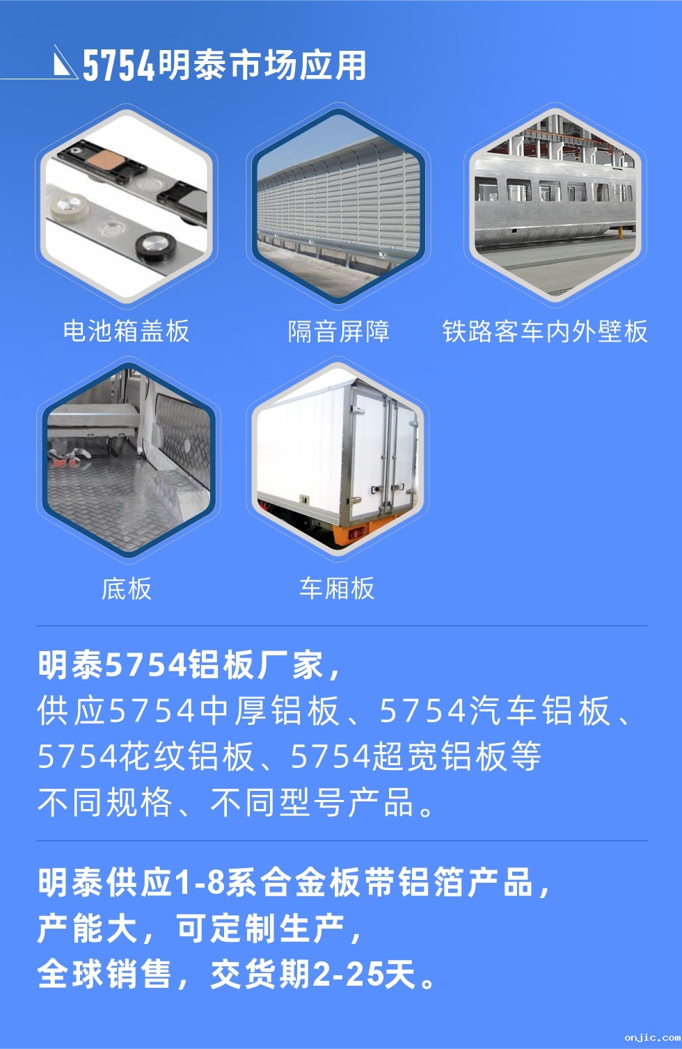 onjic5754铝板优势

　　1、可焊接性能强，焊接裂缝的倾向低，焊缝和基体金属的强度高。

　　2、表面的氧化物较少，轧制板材的表面质量好，光滑无裂纹，无腐蚀斑点和硝盐痕迹。

　　3、5754铝板属于中高强度的铝合金，疲劳性能和耐腐蚀性能好。

　　4、可根据客户需求定制不同厚度、不同版型的5754铝板产品。

　　5754铝板生产以及包装要求
　　1、表面不允许有裂纹、腐蚀斑点和硝盐痕迹。

　　2、表面上允许有深度不超过缺陷所在部位壁厚公称尺寸8%的起皮、气泡、表面粗超和局部机械损伤，但缺陷深度不能超过0.5mm,缺陷总面积不超过板材总面积的5%。

　　3、允许供货方沿型材纵向打光至表面光滑。

　　4、其他要求：有需求方和供货方自己拟定。

