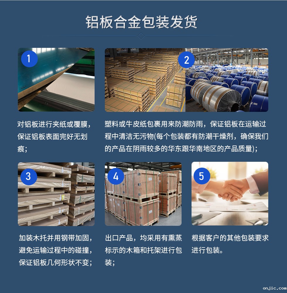 铝板合金包装发货
　　1、对铝板进行夹纸或覆膜，保证铝板表面完好无划痕；
　　2、塑料或牛皮纸包裹用来防潮防雨，保证铝板在运输过程中清洁无污物(每个包装都有防潮干燥剂，确保我们的产品在阴雨较多的华东跟华南地区的产品质量)；
　　3、加装木托并用钢带加固，避免运输过程中的碰撞，保证铝板几何形状不变；
　　4、出口产品，均采用有熏蒸标示的木箱和托架进行包装；
　　5、根据客户的其他包装要求进行包装。